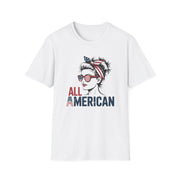 White t-shirt with graphic of a woman wearing sunglasses and an American flag headband, with 'All American' text.