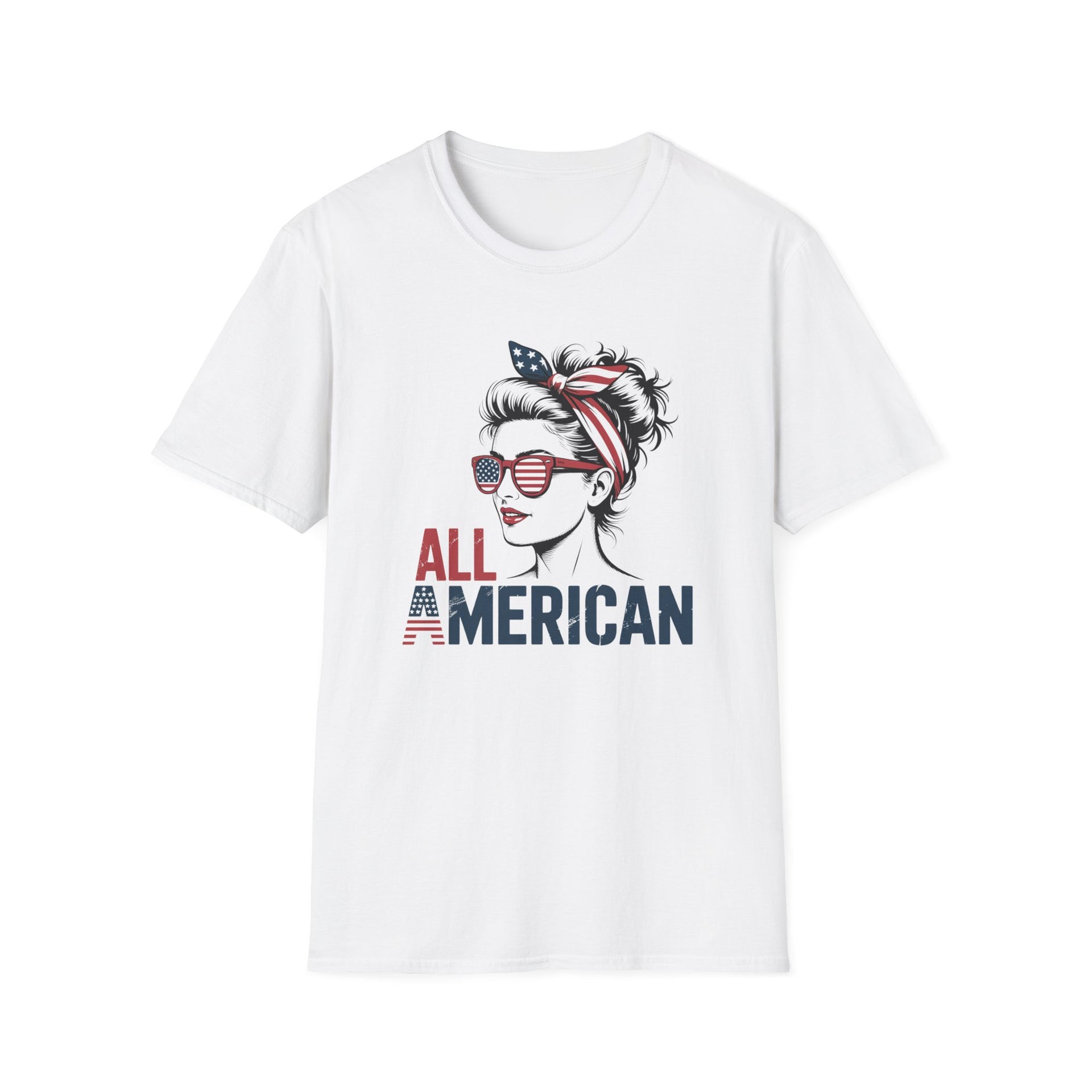 White t-shirt with graphic of a woman wearing sunglasses and an American flag headband, with 'All American' text.