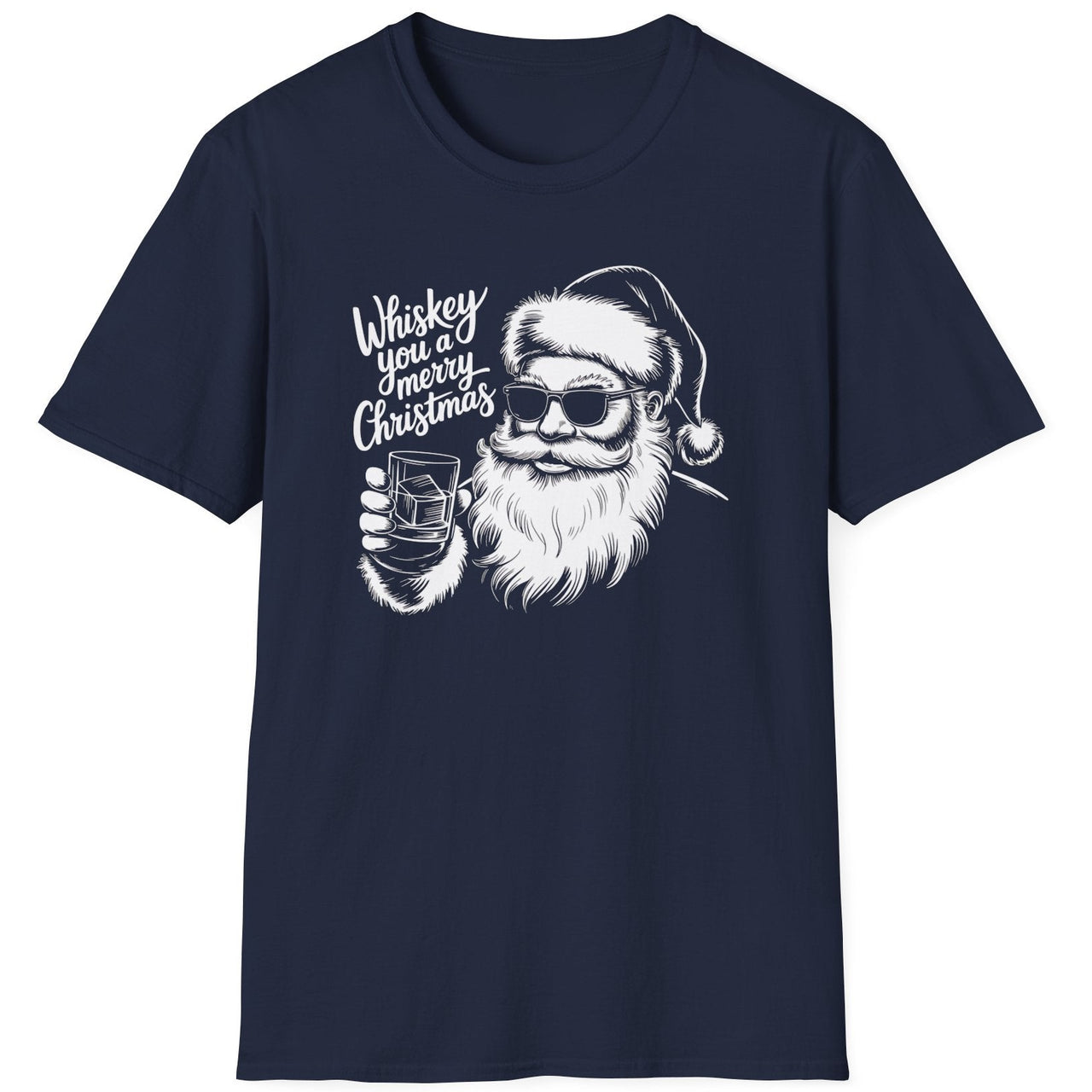 Funny Christmas Short Sleeve Shirt with Santa drinking whiskeys and the text "Whiskey You A Merry Christmas" - Navy Blue