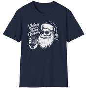 Funny Christmas Short Sleeve Shirt with Santa drinking whiskeys and the text "Whiskey You A Merry Christmas" - Navy Blue