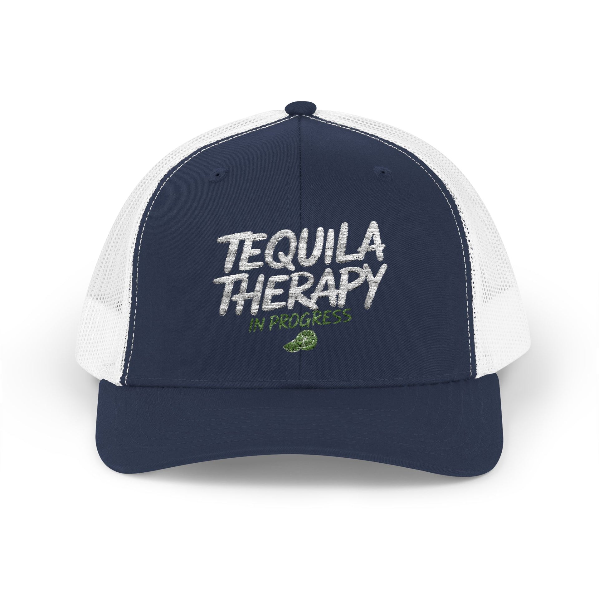 a navy and white curved bill trucker hat with the phrase 'Tequila Therapy in Progress'  funny Spring Break, Girls Trip, Guys Trip, Beach Trip, SummerVacation bachelor or Bachelorette hat