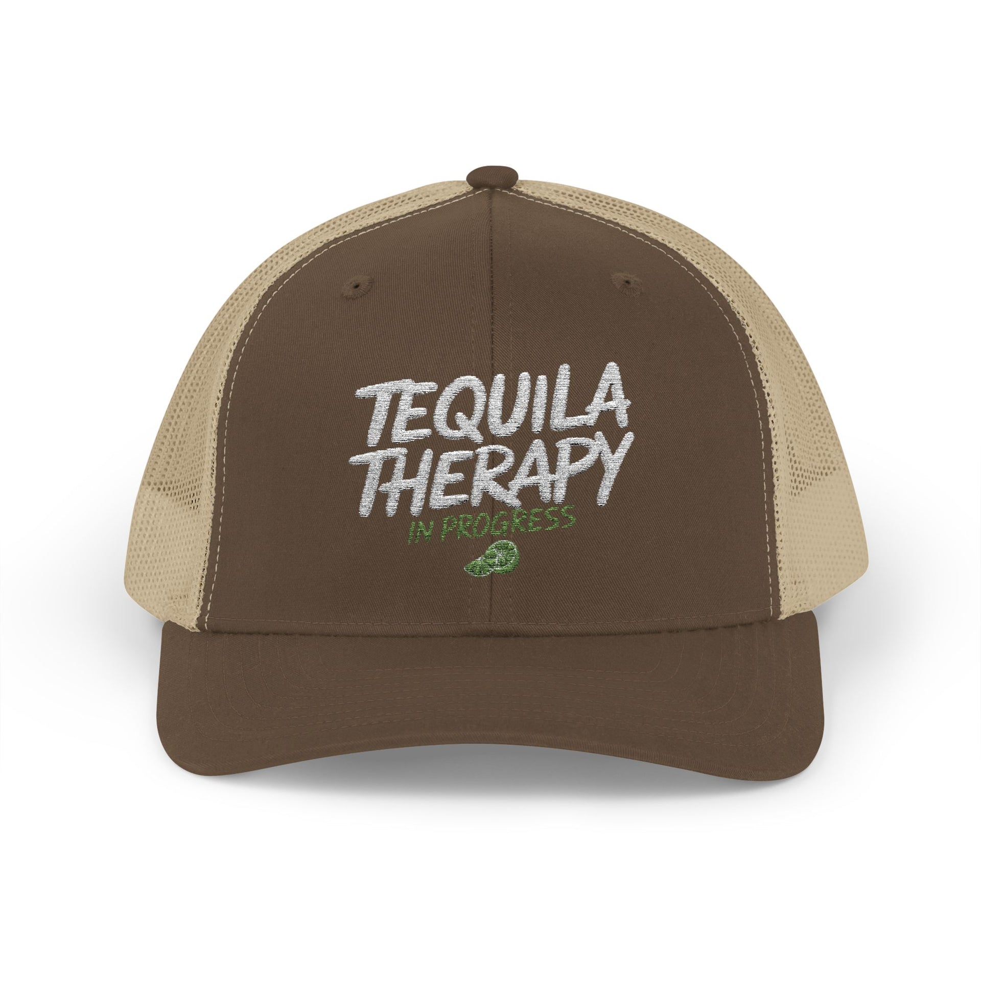 a brown and khaki curved bill trucker hat with the phrase 'Tequila Therapy in Progress'  funny Spring Break, Girls Trip, Guys Trip, Beach Trip, SummerVacation bachelor or Bachelorette hat