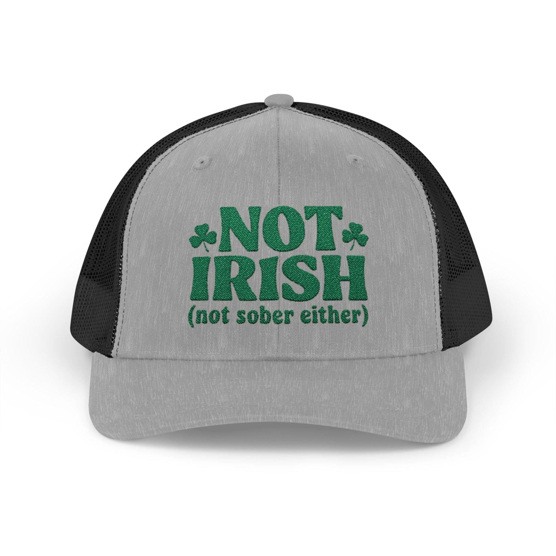 a gray and black curved bill trucker hat with 'Not Irish (not either other)' text funny St Patricks Day pub crawl design
