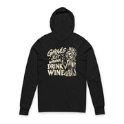 A black long-sleeve hoodie with a vintage-style cream graphic on the front featuring a skeleton and the text 'Ghouls just wanna drink wine'.