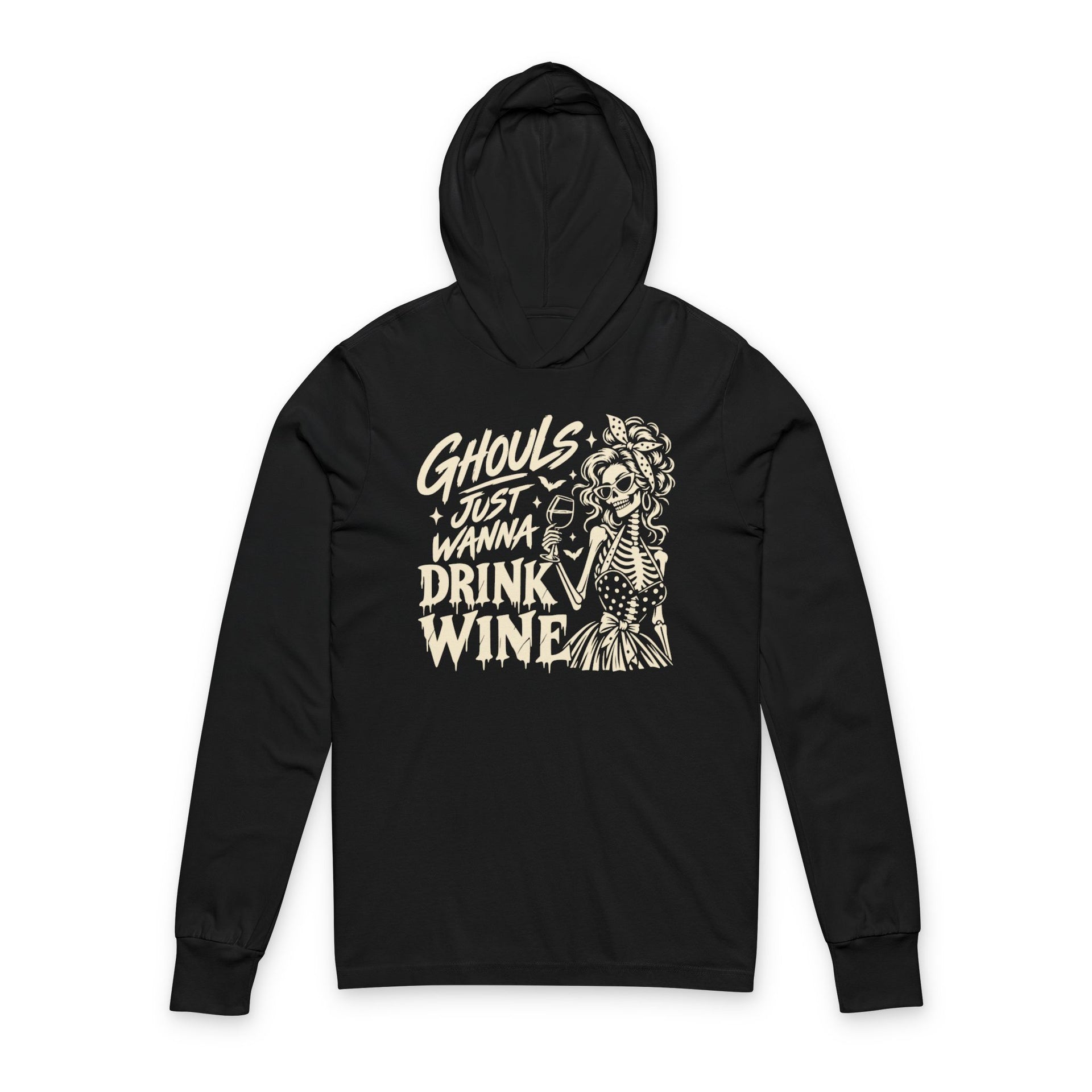 A black long-sleeve hoodie with a vintage-style cream graphic on the front featuring a skeleton and the text 'Ghouls just wanna drink wine'.