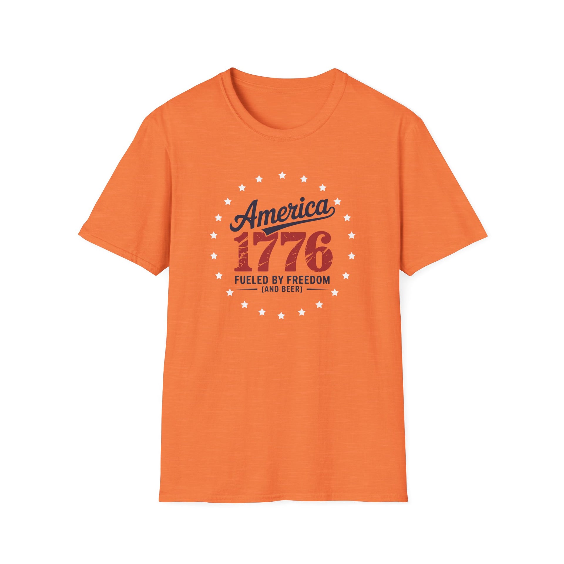 Orange t-shirt with 'America 1776' text design on a white background