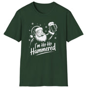 Funny Christmas Drinking Humor Short Sleeve Shirt with Santa holding a beer mug and the text and the text "I'm Ho Ho Hammered" - Forest Green
