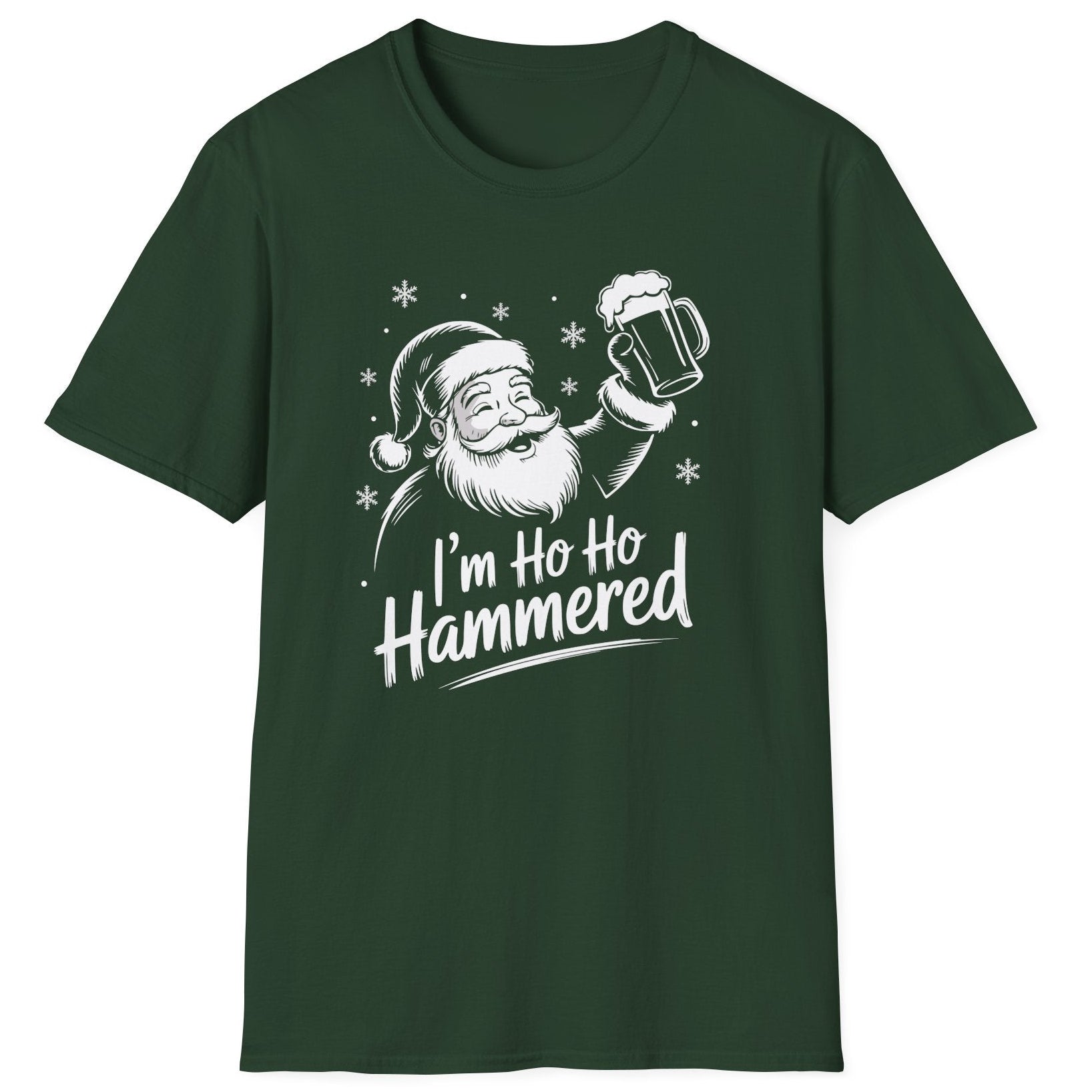Funny Christmas Drinking Humor Short Sleeve Shirt with Santa holding a beer mug and the text and the text "I'm Ho Ho Hammered" - Forest Green