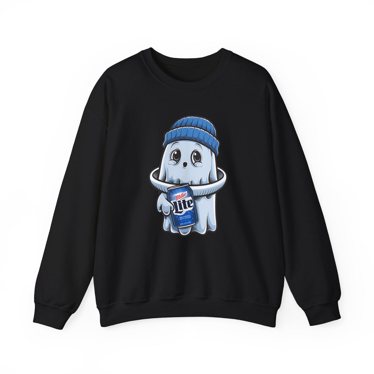 Cute Ghost in Beanie Holding Miller Lite Sweatshirt – Funny Halloween Beer Design