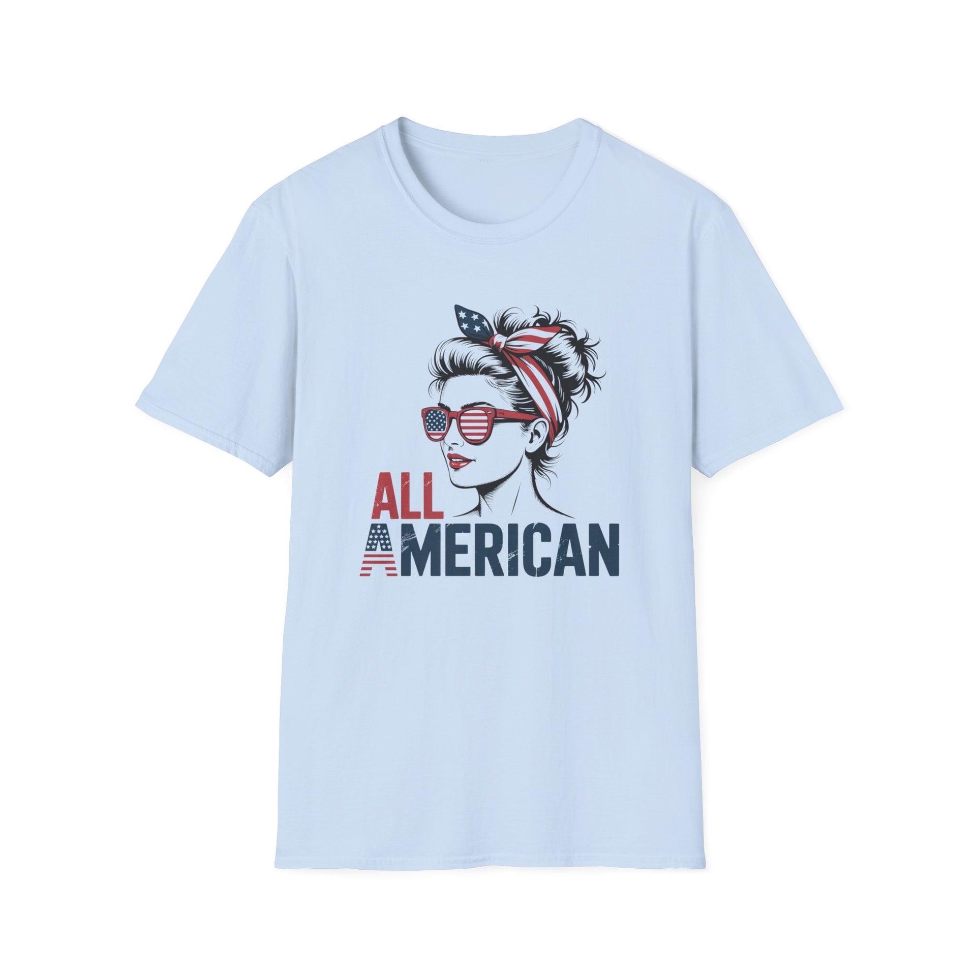 Light blue t-shirt with a graphic of a woman wearing sunglasses and an American flag headband, with 'All American' text.