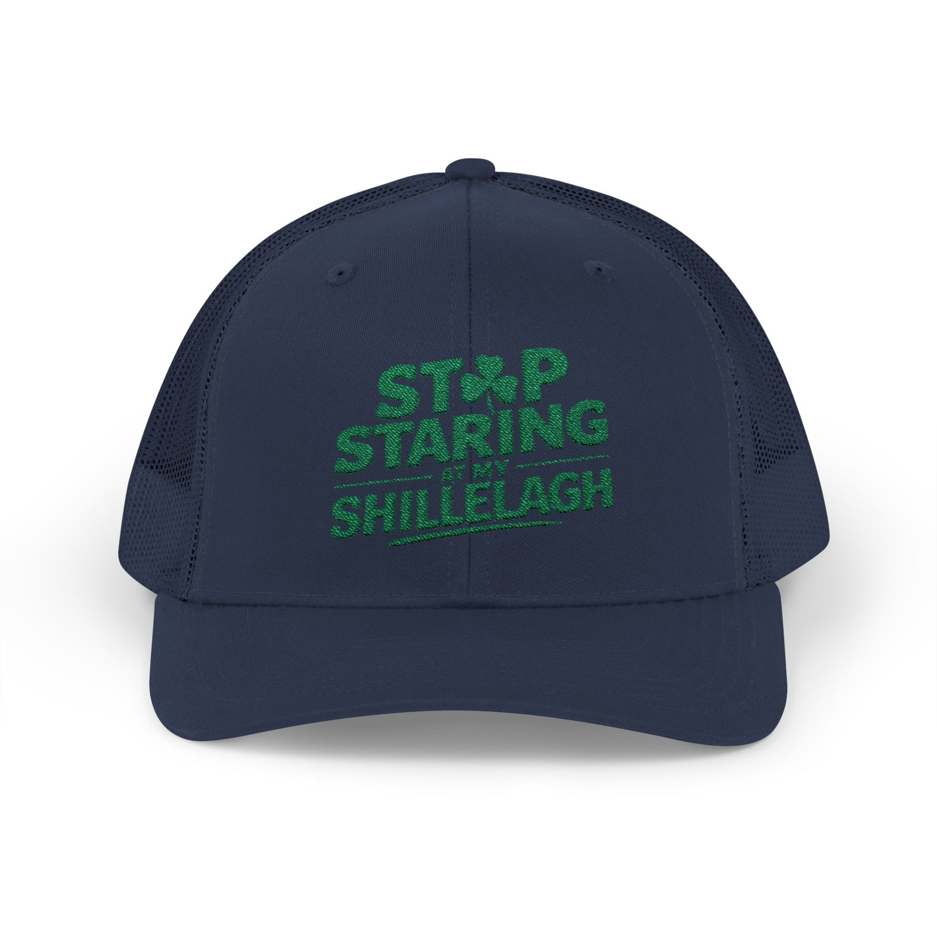 a navy curved trucker hat with the phrase "Stop Staring at my Shillelagh" funny St Patricks Day pub crawl or parade design