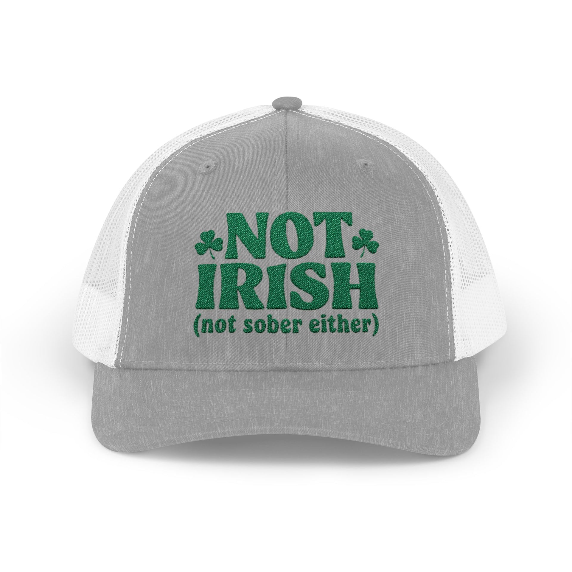a gray and white curved bill trucker hat with 'Not Irish (not either other)' text funny St Patricks Day pub crawl design