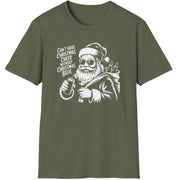 Green t-shirt with a graphic of Santa Claus holding a beer and the text cant have christmas cheer without christmas beer
