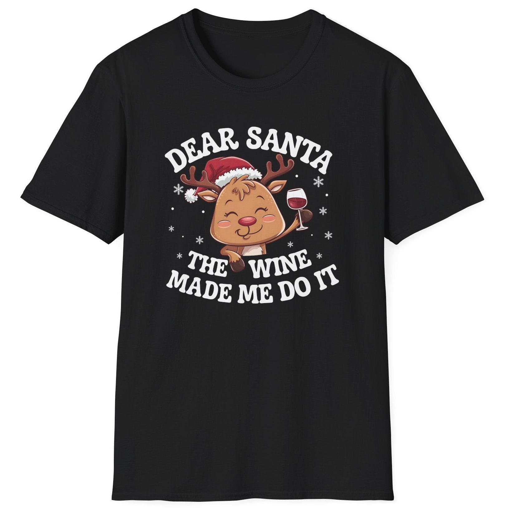 Funny Christmas Short Sleeve Shirt with  a cute reindeer drinking wine and the text "Dear Santa the Wine Made Me Do It" - Black