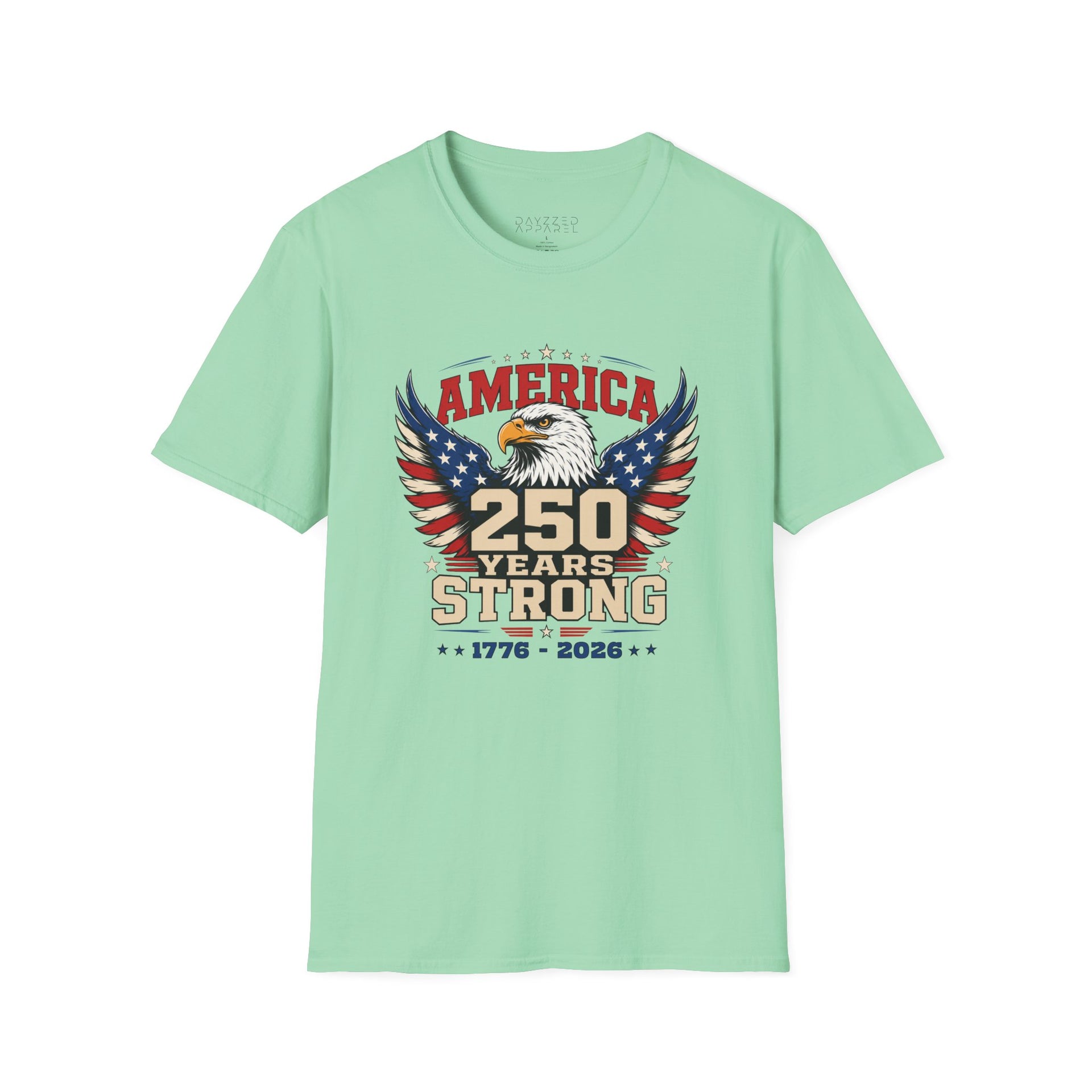 A mint green T-shirt with an eagle graphic and '250 Years Strong' text, patriotic 4th of July, America 250 design