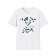 White t-shirt with 'Tini Bit Irish' graphic design funny st patricks day design