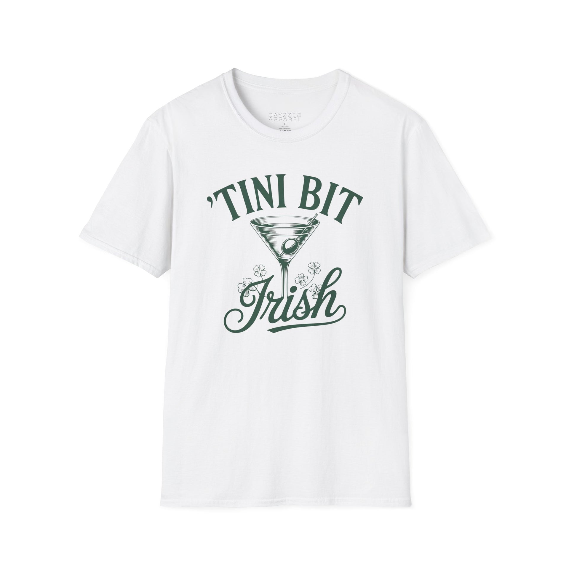 White t-shirt with 'Tini Bit Irish' graphic design funny st patricks day design