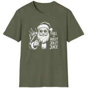 Green t-shirt with a graphic of Santa Claus holding a bottle and text 'Full of Holly Jolly Juice'  funny christmas sweater