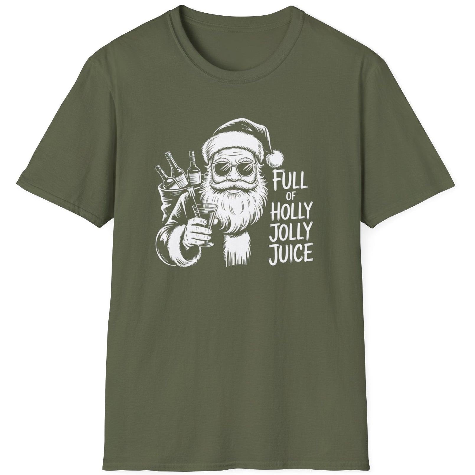 Green t-shirt with a graphic of Santa Claus holding a bottle and text 'Full of Holly Jolly Juice'  funny christmas sweater