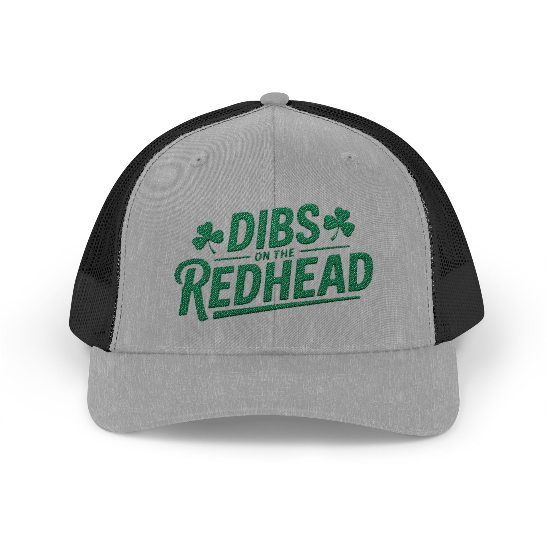 Gray and black curved bill trucker hat with the text 'DIBS on the REDHEAD' funny st patricks day pub crawl design
