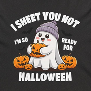 A black long-sleeve hoodie with a cartoon graphic of a ghost holding a pumpkin, surrounded by pumpkins, with the text 'I SHEET NOT I'M SO READY FOR HALLOWEEN' printed on the front.