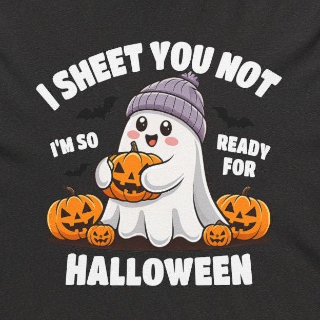 A black long-sleeve hoodie with a cartoon graphic of a ghost holding a pumpkin, surrounded by pumpkins, with the text 'I SHEET NOT I'M SO READY FOR HALLOWEEN' printed on the front.