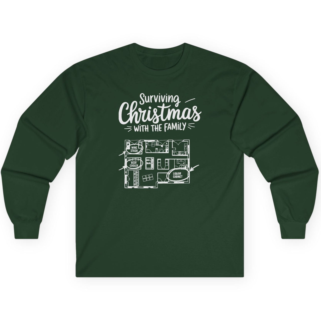 Green long sleeve funny christmas tee with the phrase surviving christmas with the family