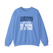 a blue sweatshirt with the phrase 'Surviving Motherhood One Glass of Wine at a Time' funny mother's day, mom life, girls trip design