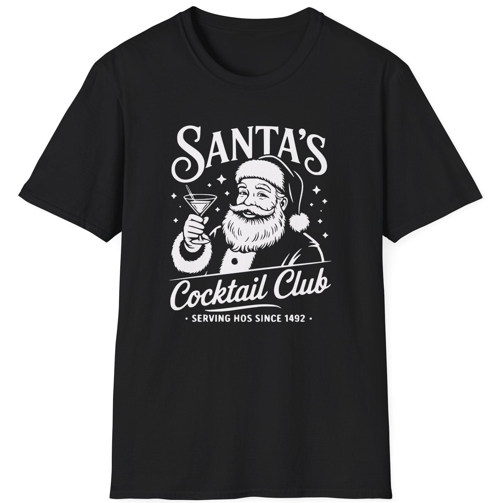 Funny Christmas Drinking  Short Sleeve Shirt with Santa drinking a cocktail and the text " Santa's Cocktail Club Serving Hos since 1492" - Black