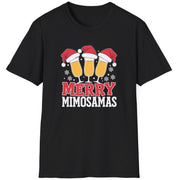Black t-shirt with 'Merry Mimosamas' design featuring champagne glasses and Santa hats funny christmas sweater