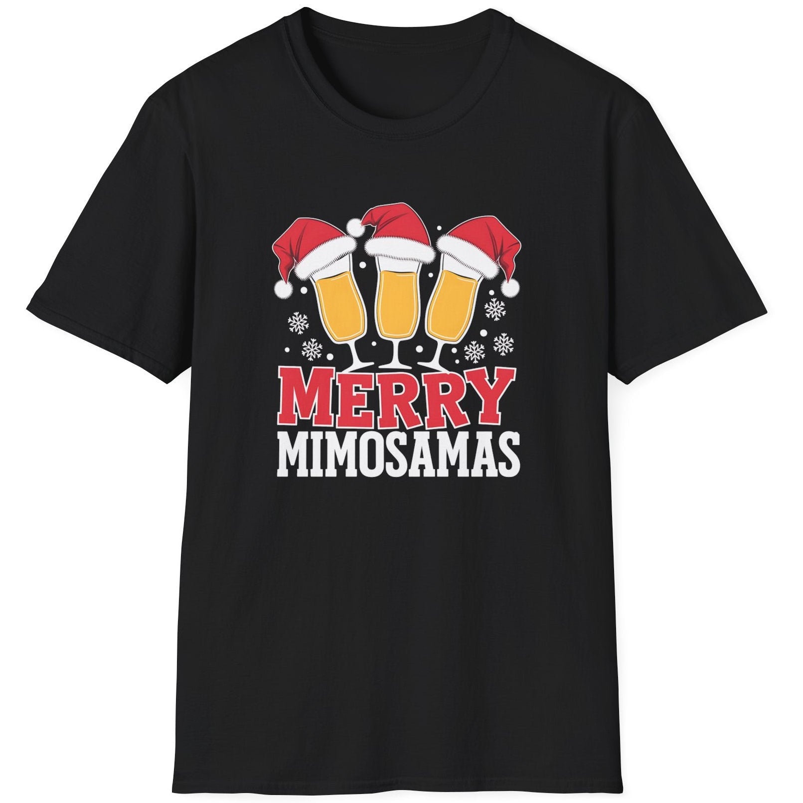 Black t-shirt with 'Merry Mimosamas' design featuring champagne glasses and Santa hats funny christmas sweater