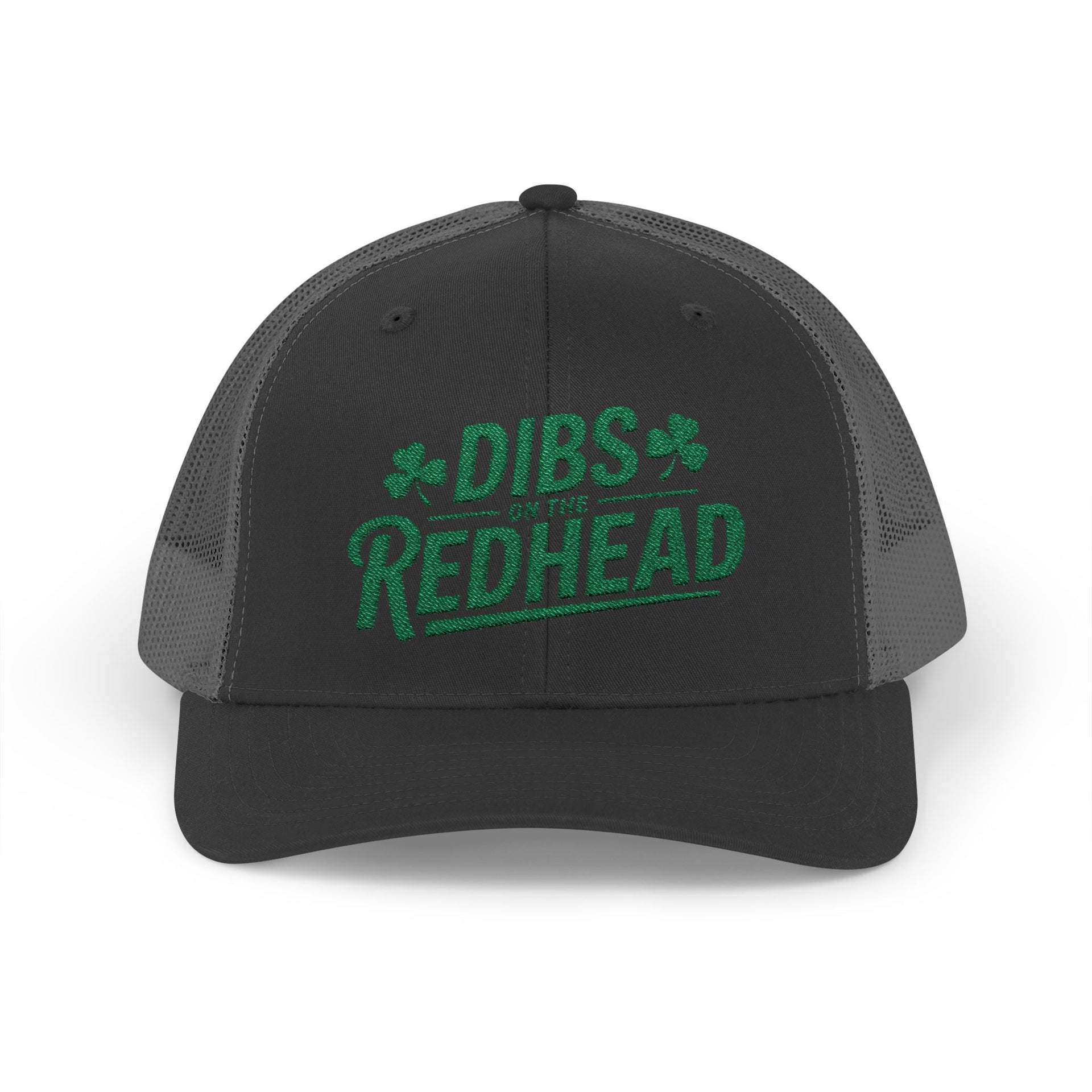 black and gray curved bill trucker hat with the text 'DIBS on the REDHEAD' funny st patricks day pub crawl design