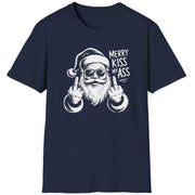Funny Christmas Short Sleeve Shirt with Santa flipping his middle fingers and the text " Merry Kiss My Ass" - Navy Blue