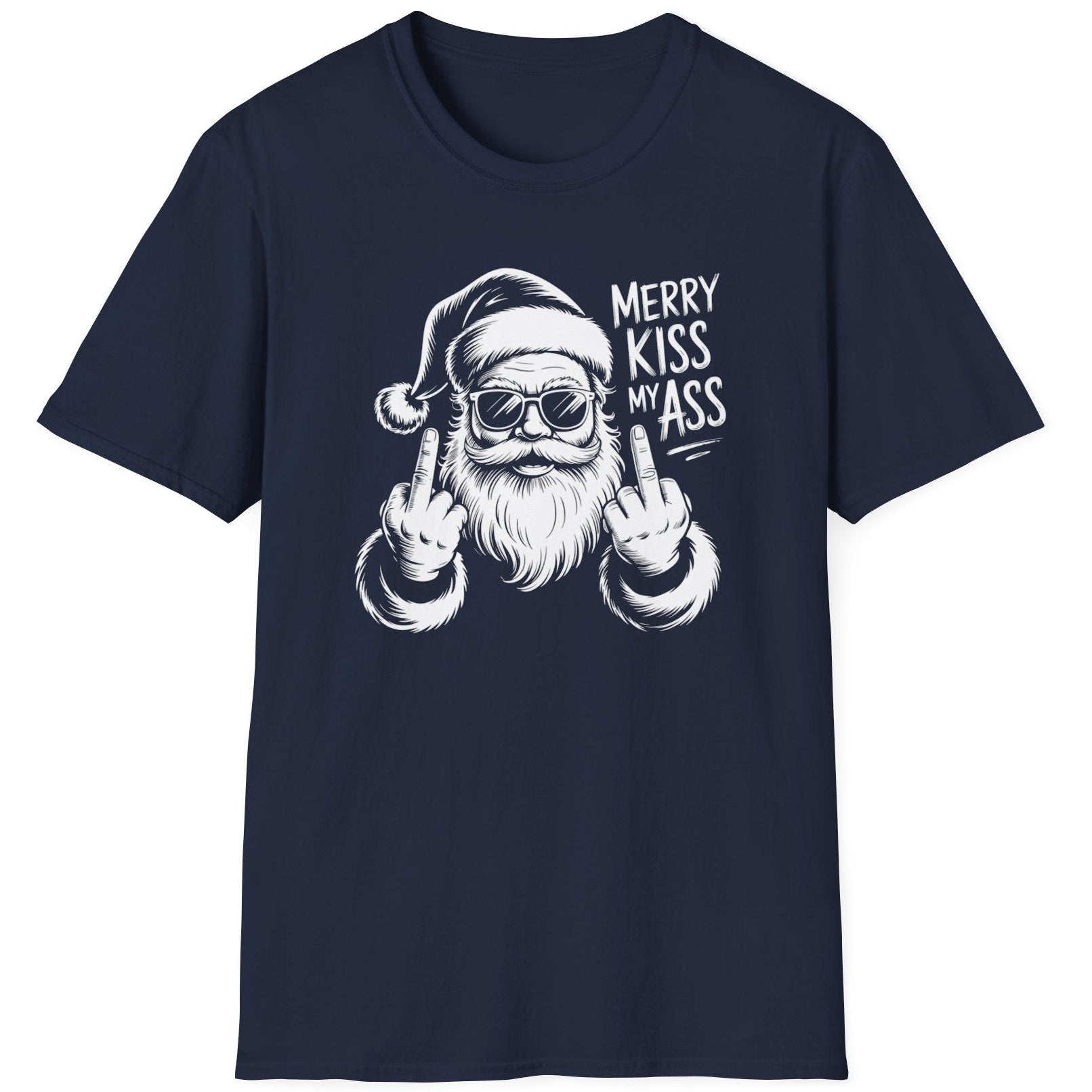 Funny Christmas Short Sleeve Shirt with Santa flipping his middle fingers and the text " Merry Kiss My Ass" - Navy Blue