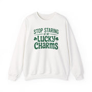 White sweatshirt with green text 'Stop Staring at My Lucky Charms' funny St Patricks Design