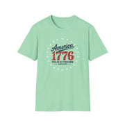Mint green t-shirt with 'America 1776' text design on a white background