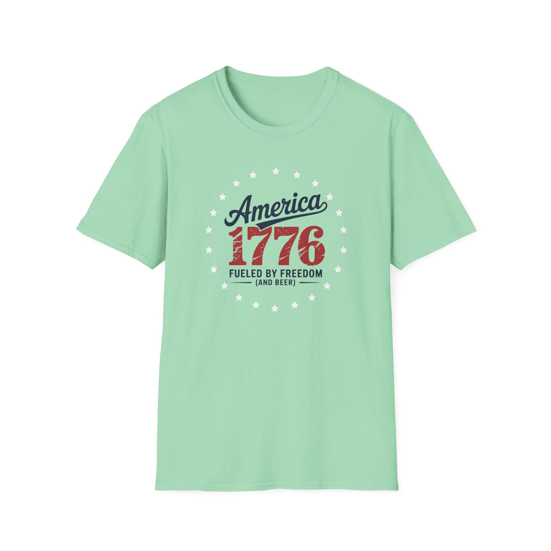 Mint green t-shirt with 'America 1776' text design on a white background