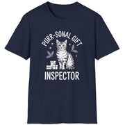 Navy blue  t-shirt with a cat graphic and the text purr-sonal gift inspector funny christmas sweater
