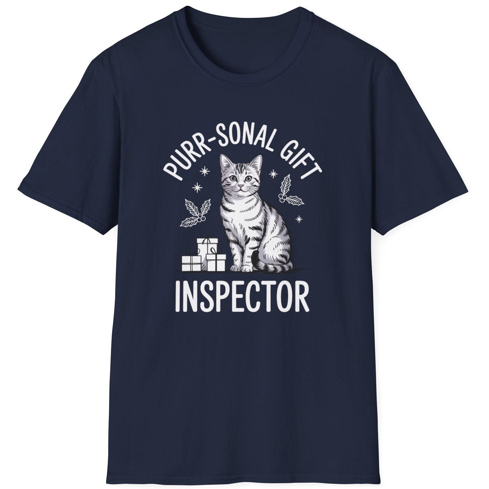 Navy blue  t-shirt with a cat graphic and the text purr-sonal gift inspector funny christmas sweater