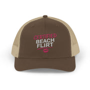 a brown and khaki trucker hat with 'Certified Beach Flirt' text funny spring break, girls trip beach trip, bachelorette party design