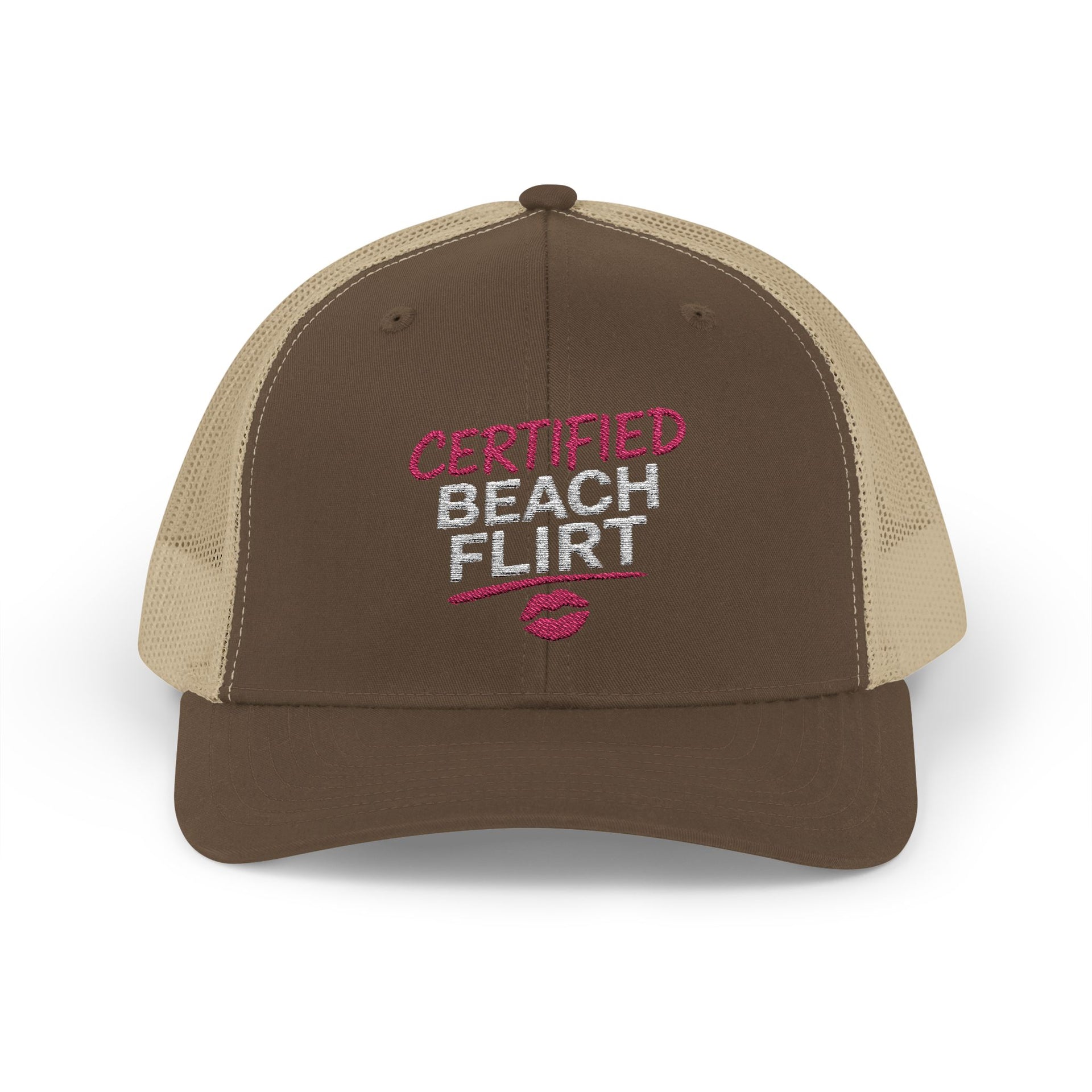 a brown and khaki trucker hat with 'Certified Beach Flirt' text funny spring break, girls trip beach trip, bachelorette party design