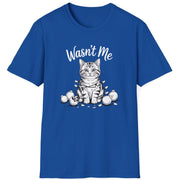 Funny Christmas Cat Humor Short Sleeve Shirt with a cute cat wrapped in christmas lights and surrounded by broken ornaments and the text "Wasn't Me" - Royal Blue