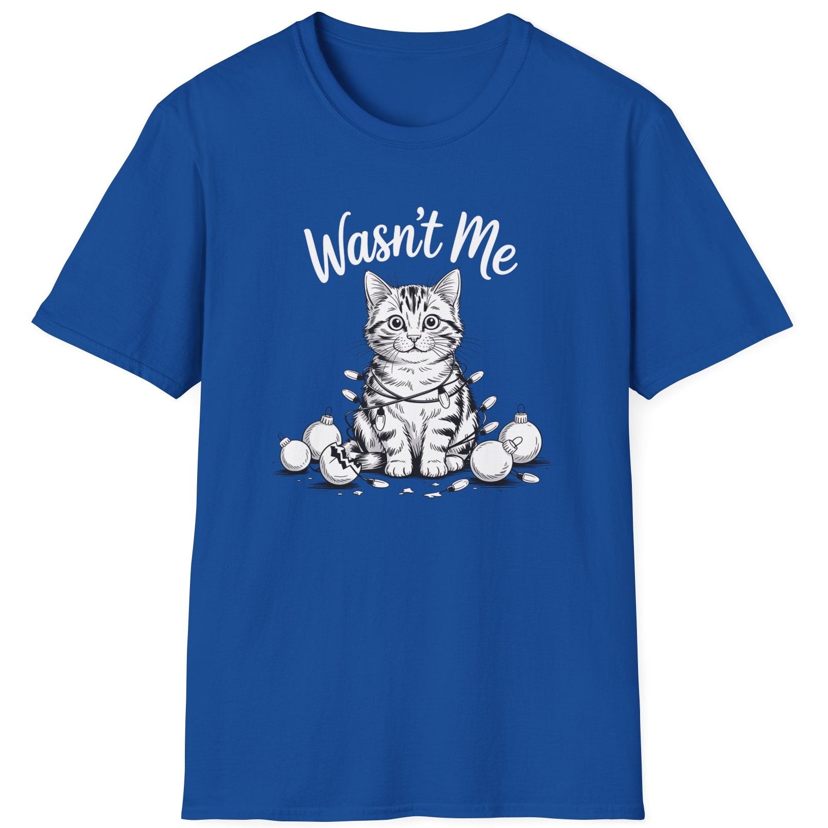 Funny Christmas Cat Humor Short Sleeve Shirt with a cute cat wrapped in christmas lights and surrounded by broken ornaments and the text "Wasn't Me" - Royal Blue