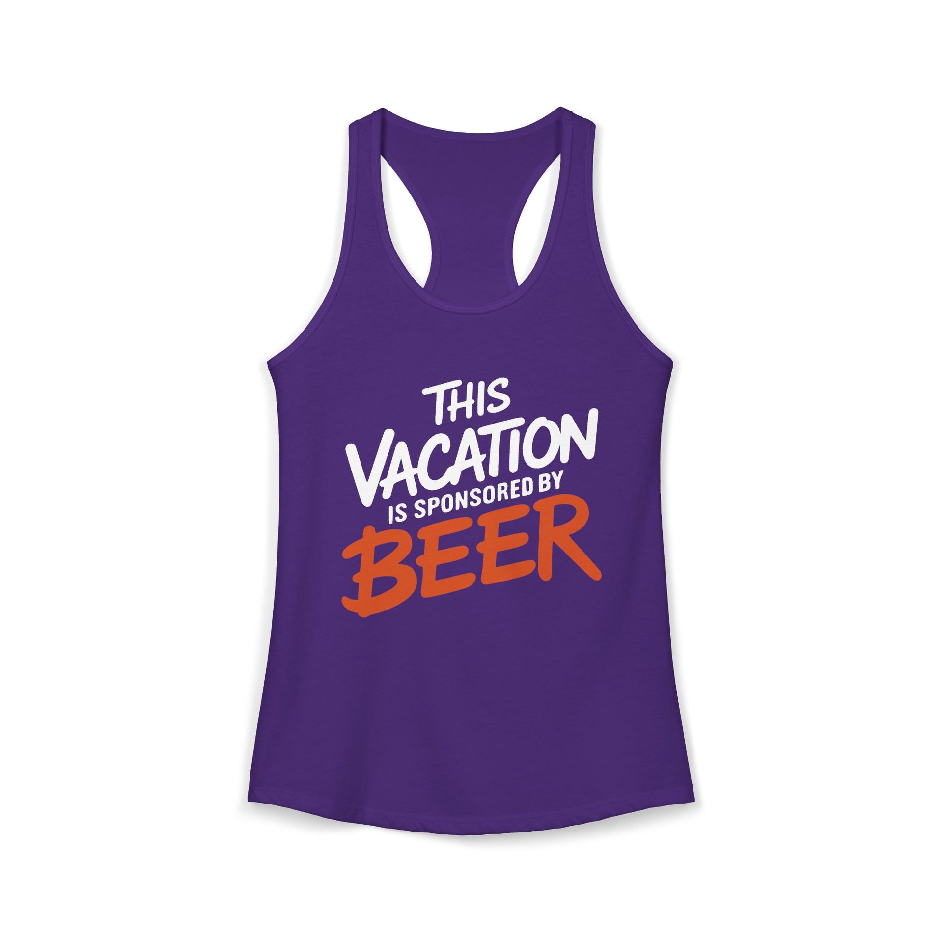 a purple racerback tank top with 'This Vacation is Sponsored by Beer' text funny spring break, beach trip, bachelorette party, girls trip, or lake season design