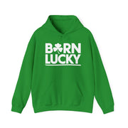 green hoodie with 'Born Lucky' text funny st patricks day design
