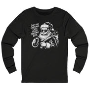 Black long-sleeve shirt with a graphic of Santa Claus holding a beer and the text cant have christmas cheer without christmas beer