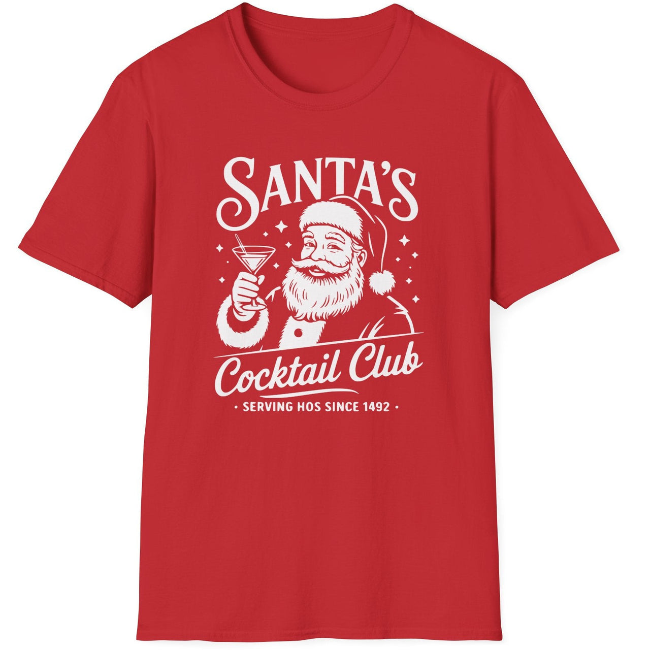 Funny Christmas Drinking  Short Sleeve Shirt with Santa drinking a cocktail and the text " Santa's Cocktail Club Serving Hos since 1492" - Red