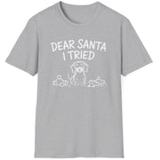 Funny Christmas Dachshund Short Sleeve Shirt with a Dachshund and some torn up toys and the text "Dear Santa I Tried" - Sport Grey