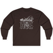 Brown long-sleeve shirt with 'Mistletoe Hoe' text funny christmas tee