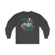 Dark Gray long sleeve tee with leprechaun graphic and text 'Irish I had more beer' funny St Patricks pub crawl and parade design